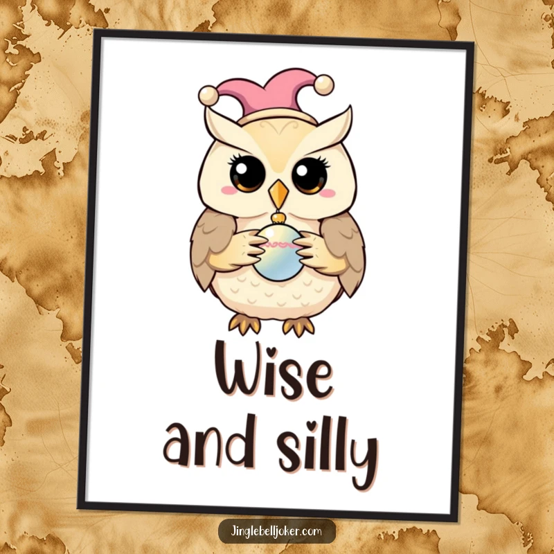 Funny digital art print of a jester owl holding a shiny bauble, radiating whimsical humor.