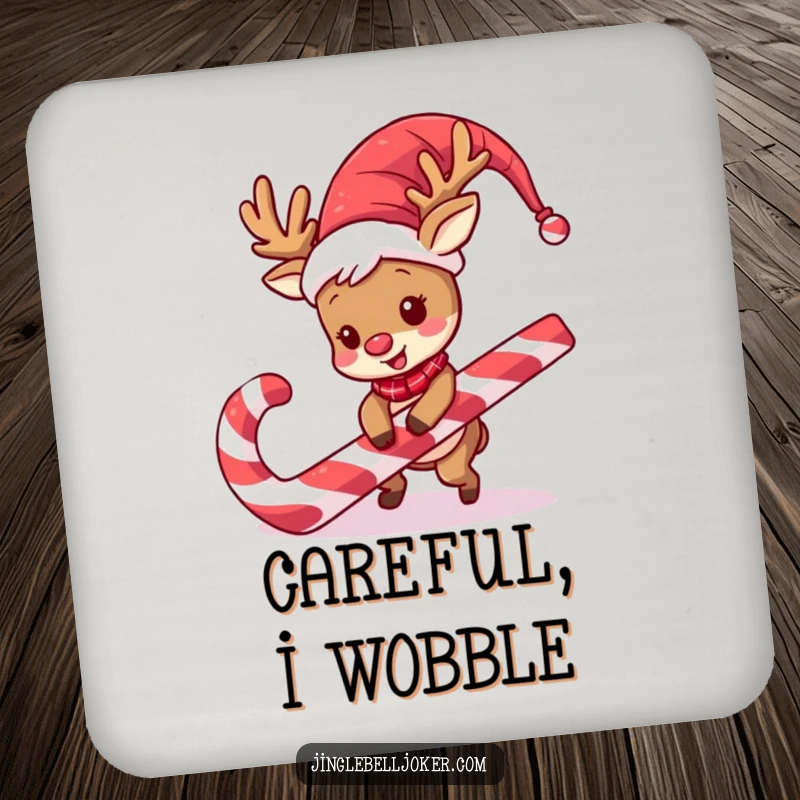 Funny Reindeer Jester Coasters: A reindeer in jester wig trips on a candy cane, for funny drink protection.