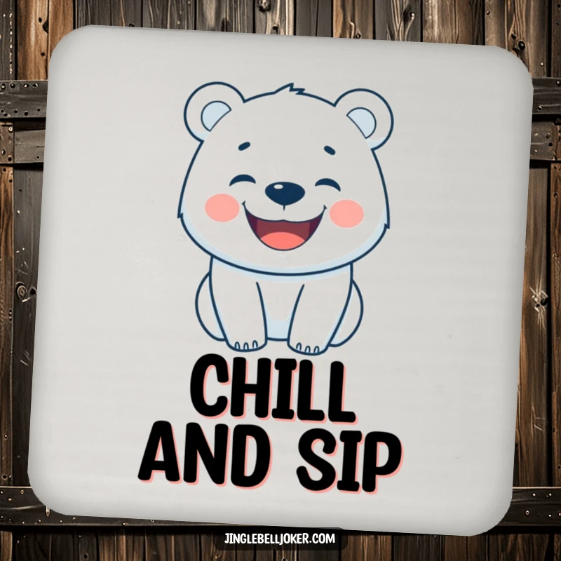 Funny coaster depicting a happily grinning polar bear, adding cheerful arctic flair.