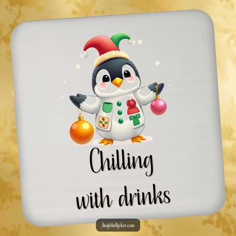 Funny drink coaster showcasing a fluffy penguin in a jester hat juggling Christmas baubles, adding festive, humorous art to any surface.