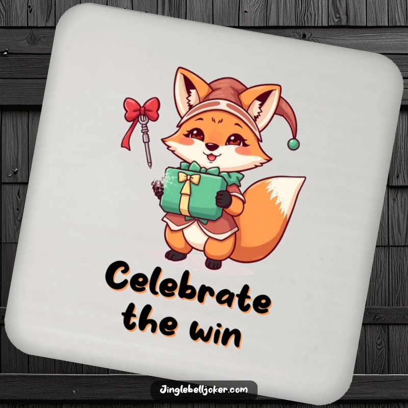 Funny fox jester coaster depicting a festive character in jester attire holding a sparkling gift, offering protection and holiday spirit.