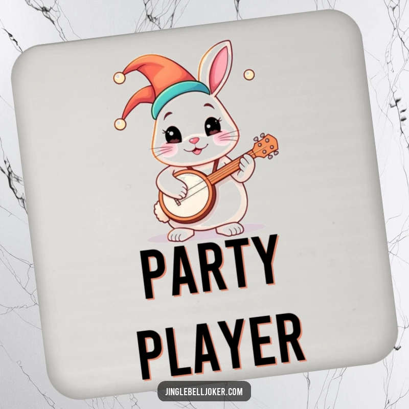 Funny drink coaster featuring a round bunny character in a jester hat, playing a tiny banjo, adding a musical, humorous touch.