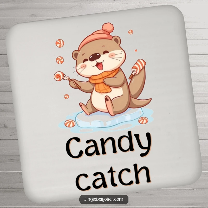 Funny drink coaster with a cute otter character slipping on ice while juggling festive candies, adding a humorous touch.