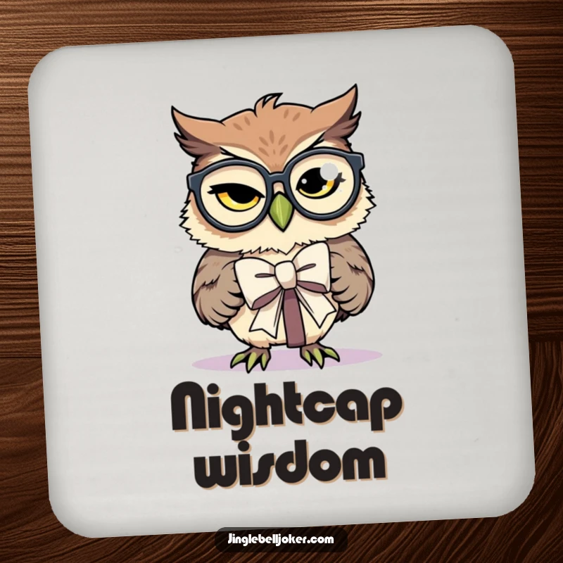 Funny Coaster: An owl with spectacles comically tries to tie a present bow, a humorous addition.
