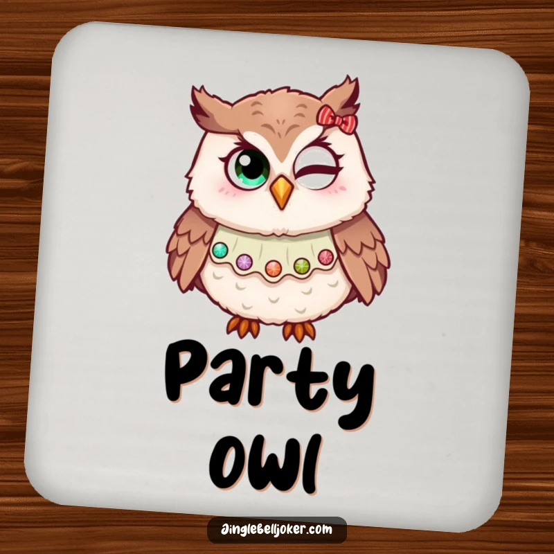 Funny coaster showing an owl in a jester collar, humorously attempting a wink with holiday glitter, offering festive protection with charm.