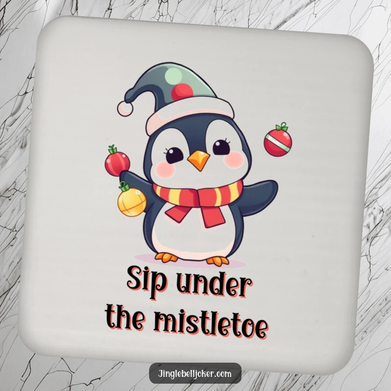 Funny Penguin Coasters: Cute penguin in a jester hat juggling colorful Christmas ornaments, protecting surfaces.