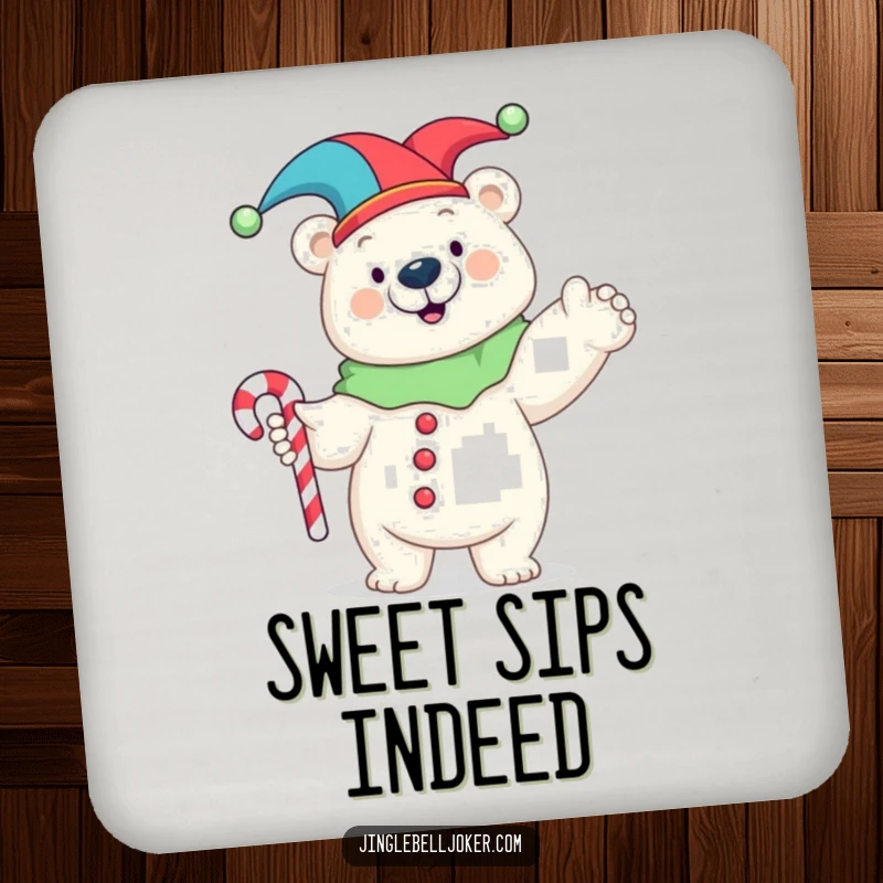 Funny drink coaster showcasing a happy polar bear in a jester costume striking a pose with a candy cane, adding humorous art.