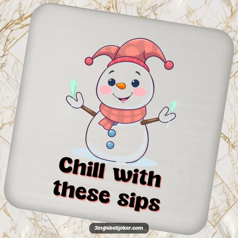 Funny Snowman Coasters: Smiling snowman in a jester hat juggling glowing icicles, protecting surfaces with humor.