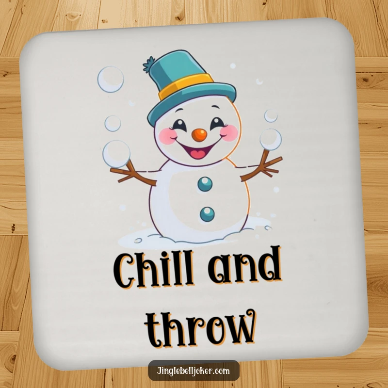 Funny snowman joker coaster depicting a mischievous character tossing snowballs, offering protection and humor for surfaces.