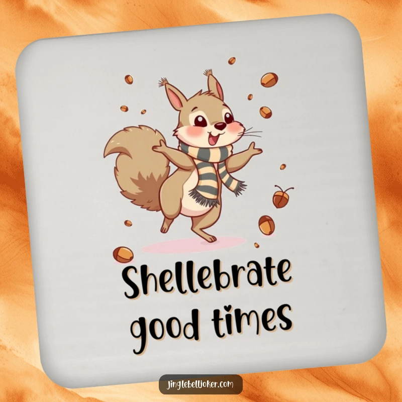 Funny Coaster: A squirrel cartwheels, scattering acorns like confetti, a humorous addition to any table.