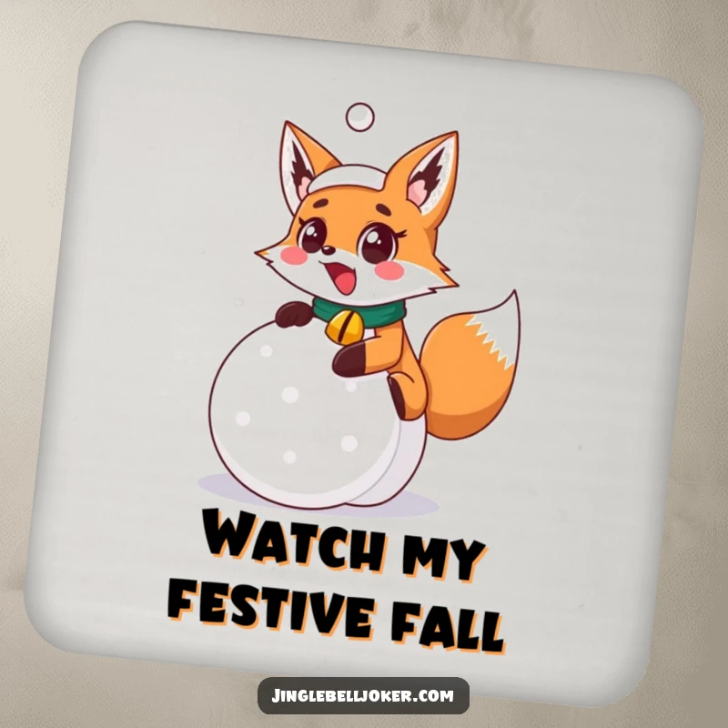 Funny surprised fox joker with jingle bell collar slipping on a festive snowball, a humorous detail on this protective drink coaster.