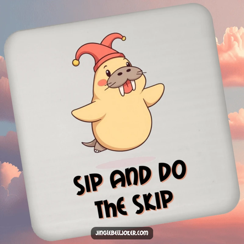 Funny Walrus Coasters: Cheerful walrus in a jester hat doing a playful skip, protecting surfaces with humor.