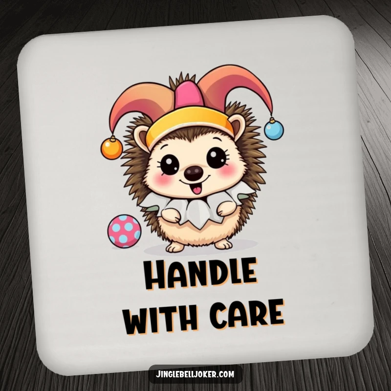 Funny Jester Hedgehog Coasters: A cheerful hedgehog in a jester ruff juggles ornaments, protecting your surfaces.