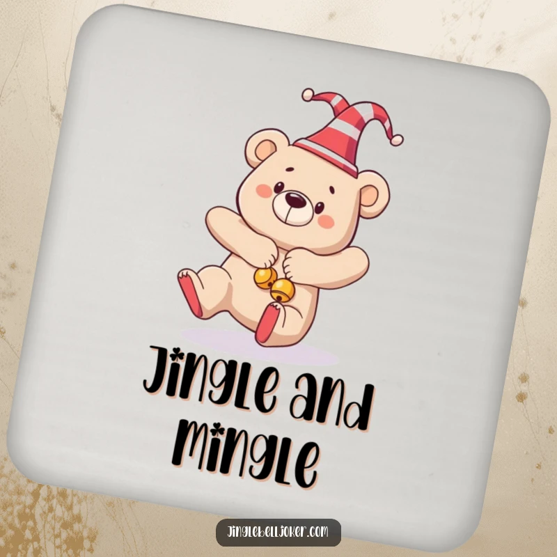 Funny drink coaster showing a bear in a jester hat and bells, comically tripping, a humorous holiday accessory.