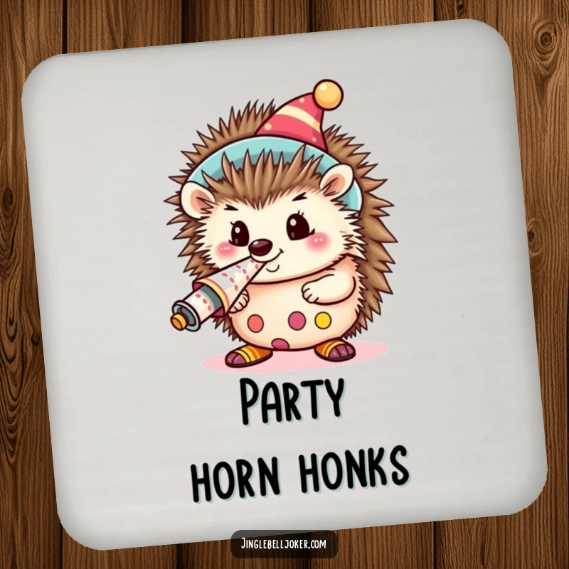 Funny Kawaii Clown Hedgehog Drink Coaster: A cute hedgehog as a clown, blowing a loud party horn, protects surfaces.