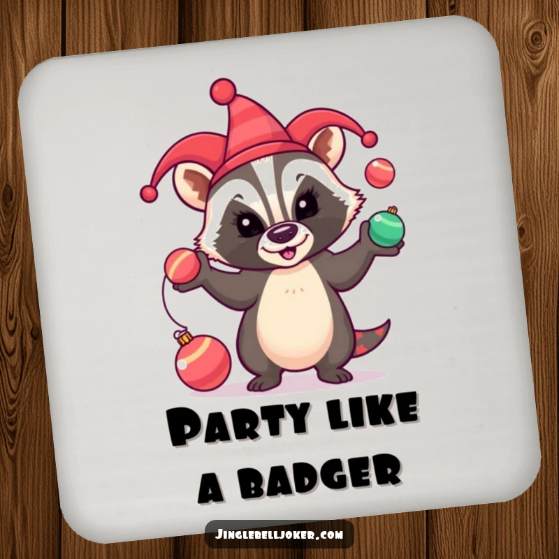Funny Coaster: A mischievous badger in a jester hat comically juggles festive baubles, a holiday delight.