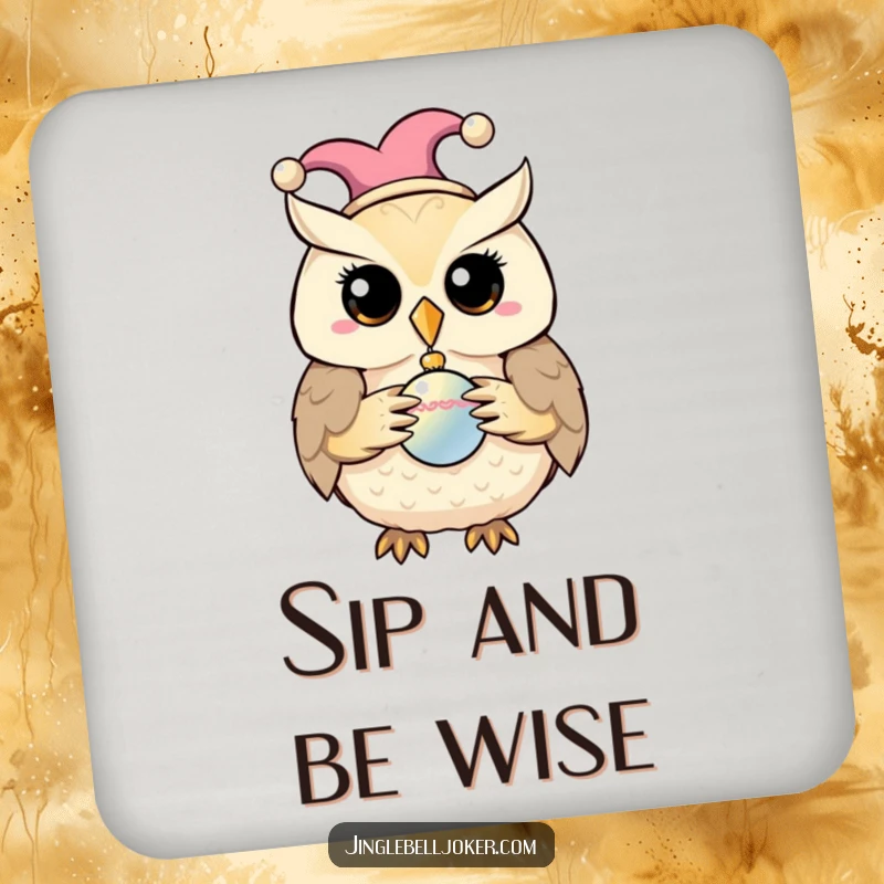 Funny coaster depicting a jester owl holding a shiny bauble, adding whimsical flair.