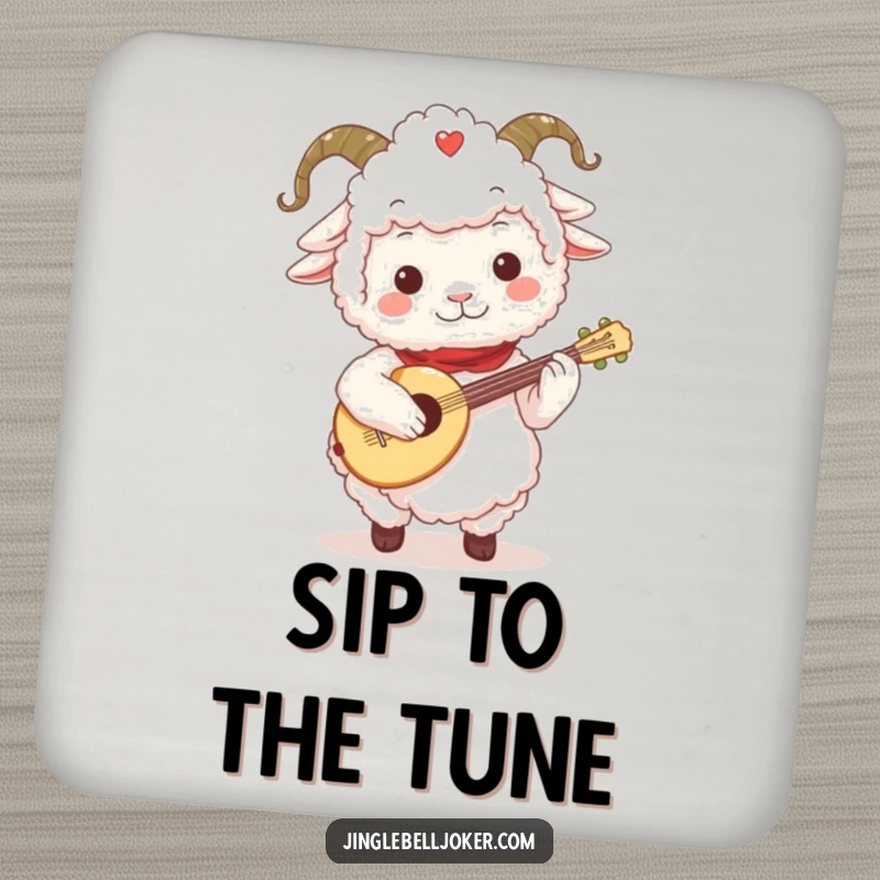 Funny Sheep Jester Drink Coaster: Fluffy sheep character with a jester collar, playing a tiny festive lute, musical table decor.
