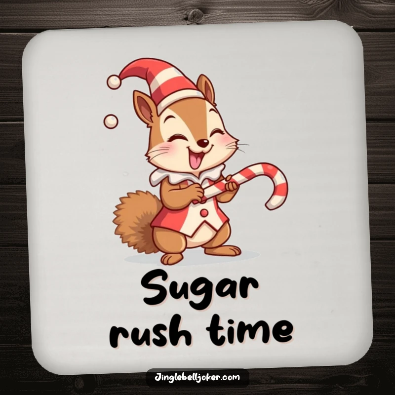 Funny drink coaster showing a giggling squirrel jester balancing a candy cane, a humorous holiday accessory.