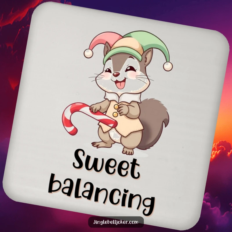 Funny coaster featuring a giggling squirrel in a jester costume, humorously trying to balance a candy cane, protecting surfaces with style.