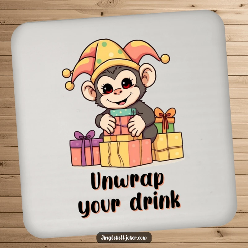 Funny Monkey Jester Coaster, a silly monkey dressed as a jester, stacking brightly wrapped presents, protecting surfaces with humor.