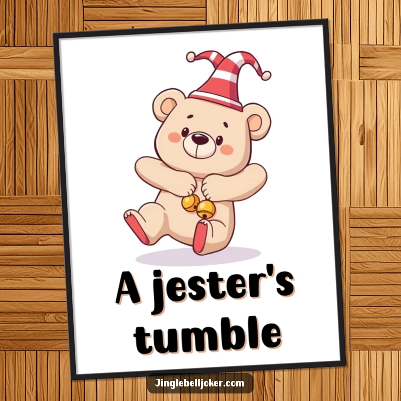Funny poster art of a bear in a jester hat and bells, dramatically tripping, adding humorous holiday decor.