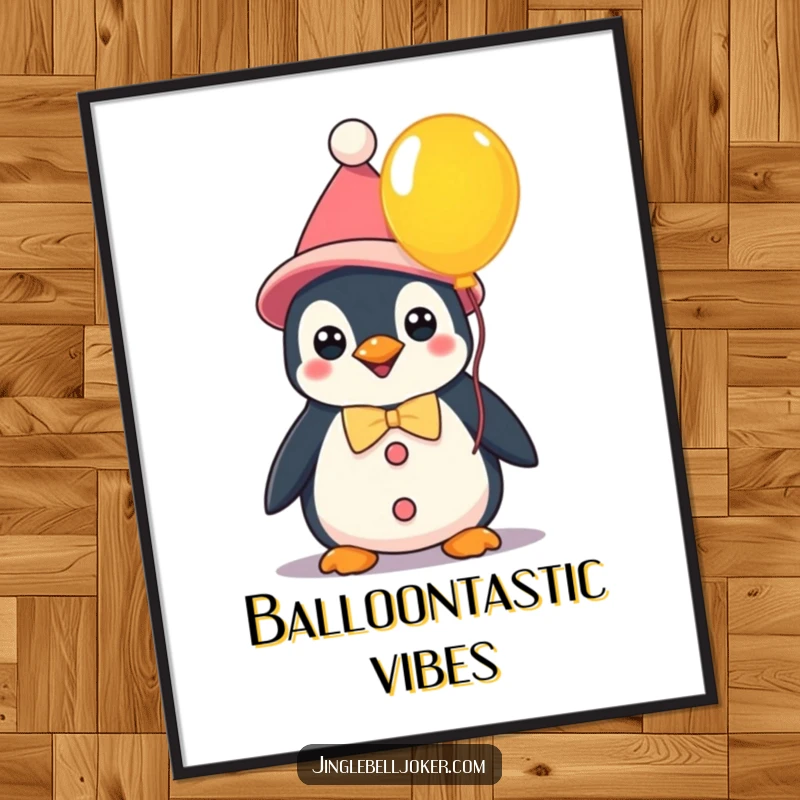 Funny kawaii penguin dressed as a clown holding a bright balloon, a whimsical poster adding cheerful humor to decor.