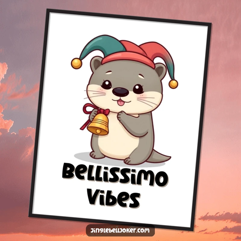 Funny Otter Jester Poster, a cute otter in a jester hat ringing a miniature sleigh bell, perfect for humorous festive decor.