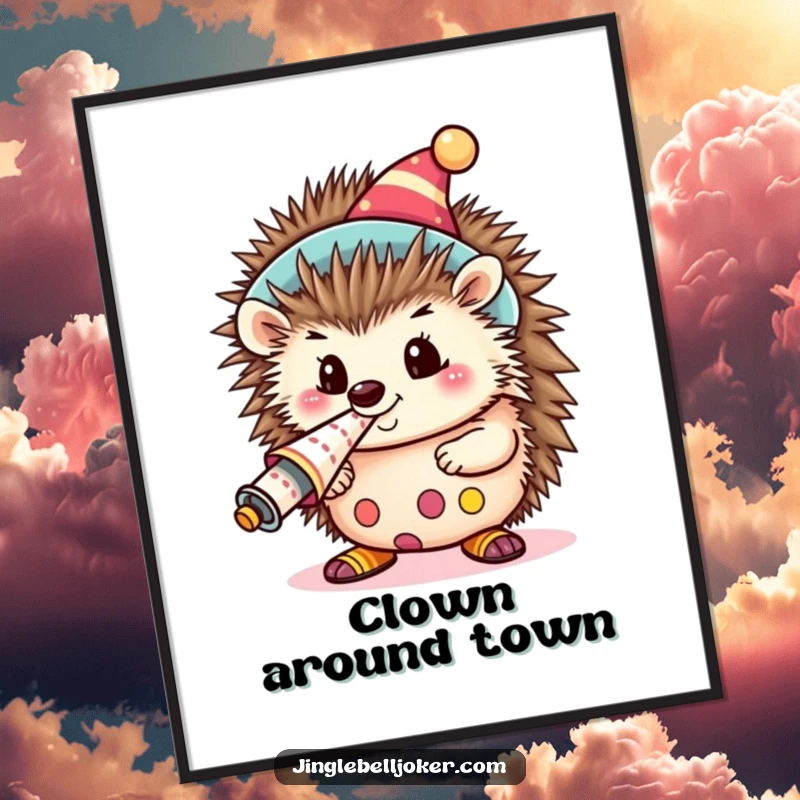 Funny Kawaii Clown Hedgehog Poster: A cute hedgehog dressed as a clown, blowing a loud party horn, perfect wall art.