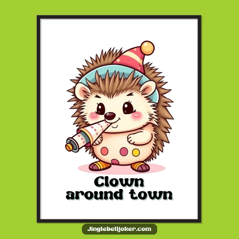 Funny Kawaii Clown Hedgehog Poster: Cute Party Animal Blowing Horn, Festive Funny Gift