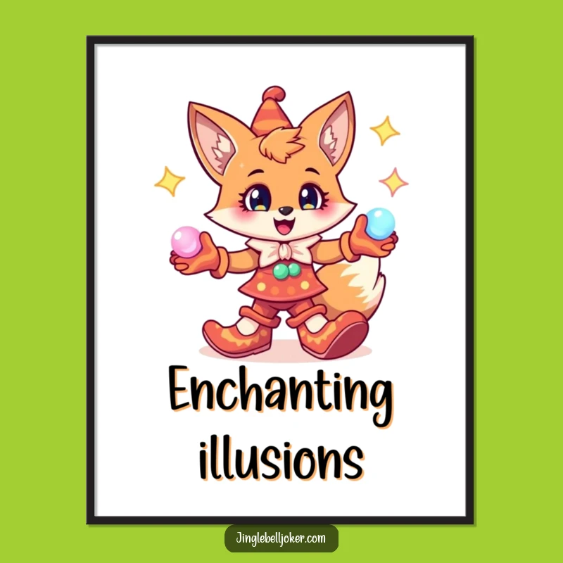 Funny Fox Jester Poster: Cheerful Character Juggling Orbs - Enchanting Wall Art