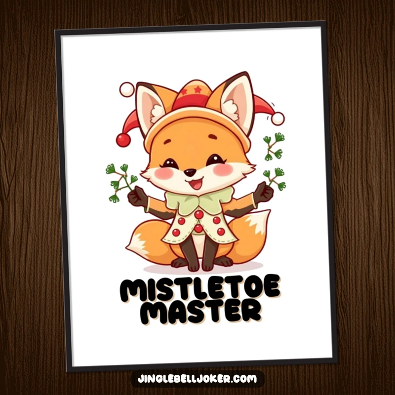 Funny Fox Jester Poster, a joyful fox in jester attire juggling mistletoe sprigs, perfect for humorous holiday wall decor.