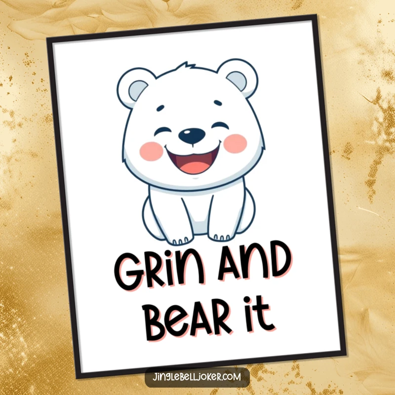 Funny poster of a happy polar bear with a wide grin, radiating infectious arctic cheer.