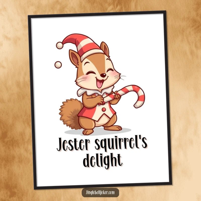 Funny poster art of a giggling squirrel in a jester outfit precariously balancing a candy cane, perfect for holiday decor.