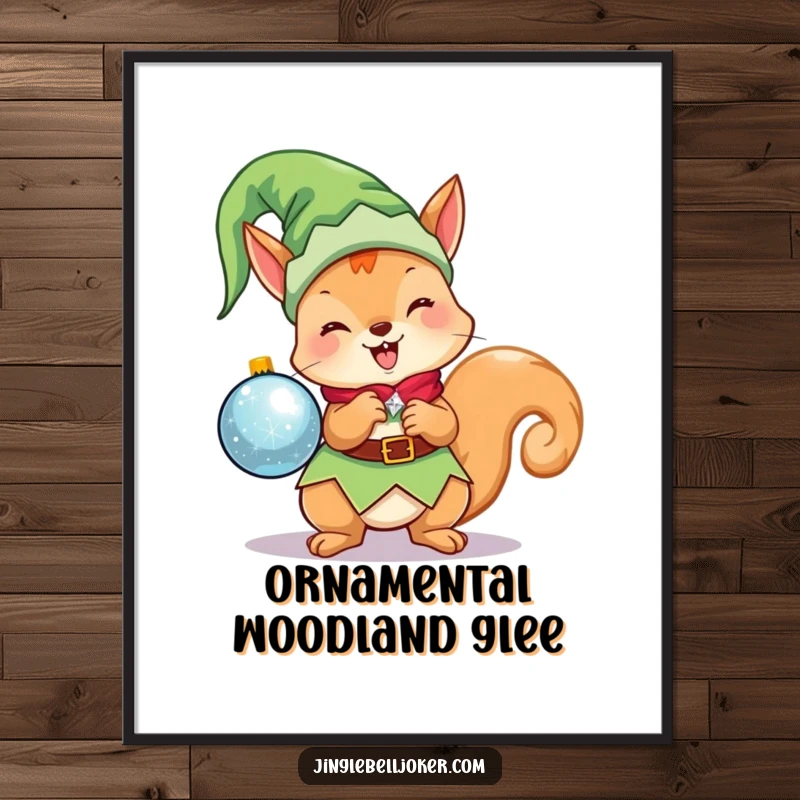 Funny Kawaii Elf Squirrel Poster: A cute Christmas character dressed as an elf, excitedly holding a sparkling ornament, ideal wall decor.
