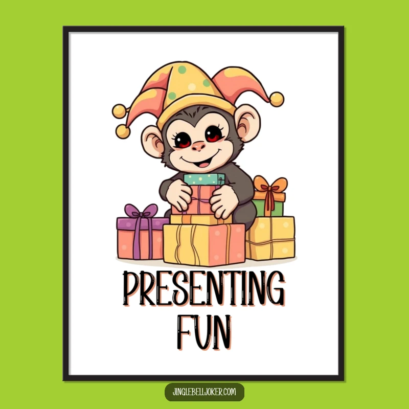 Funny Monkey Jester Poster: Stacking Presents Art With Playful Charm
