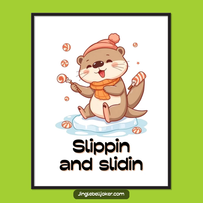 Funny Otter Ice Slip Poster: Festive Candy Juggling Wall Art, Hilarious Gift Decor