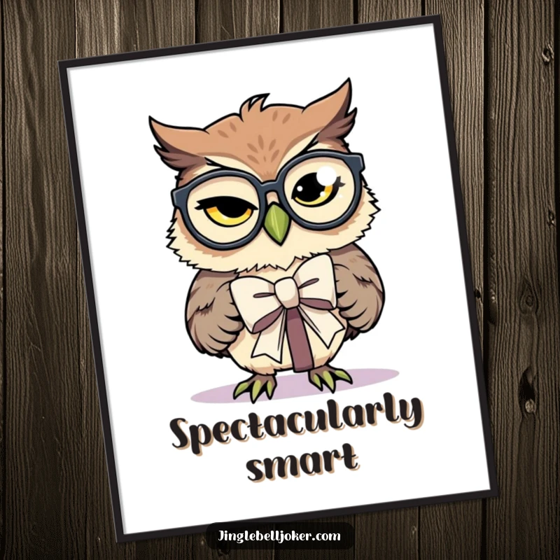 Funny Poster: A winking owl wearing oversized spectacles comically attempts to tie a bow on a gift.