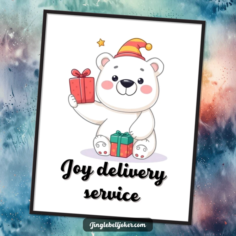 Funny poster of a smiling polar bear in a tiny jester hat, gleefully tossing wrapped presents, for vibrant wall decor.