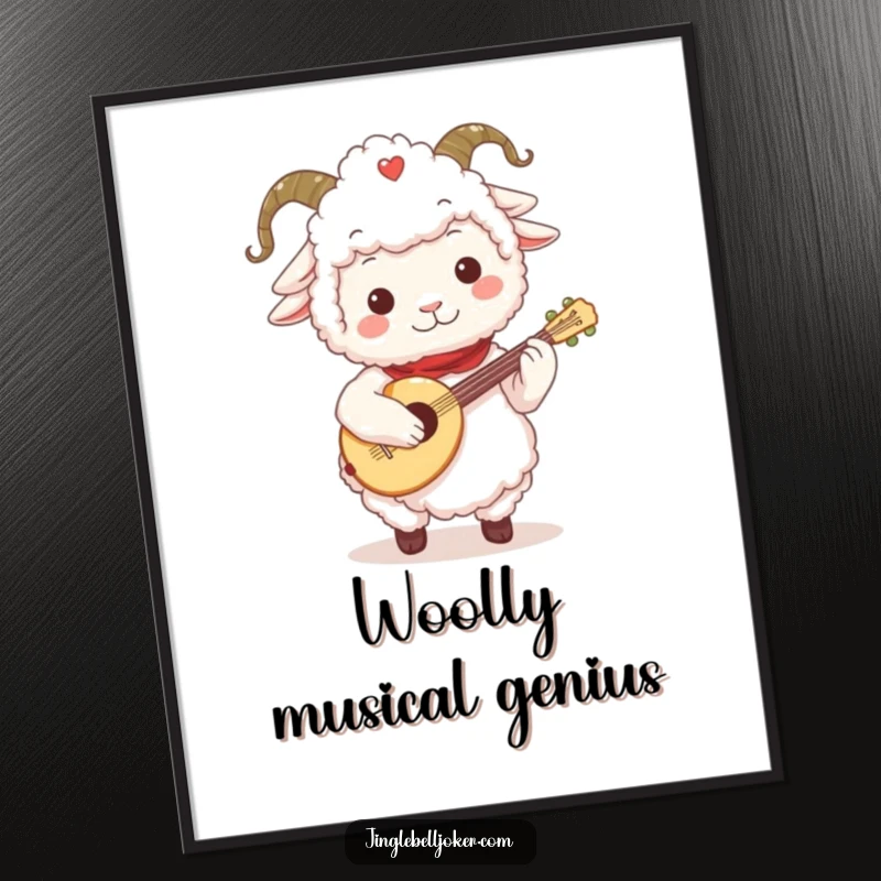 Funny Sheep Jester Poster: Fluffy sheep character with a jester collar, playing a tiny festive lute, whimsical wall decor.