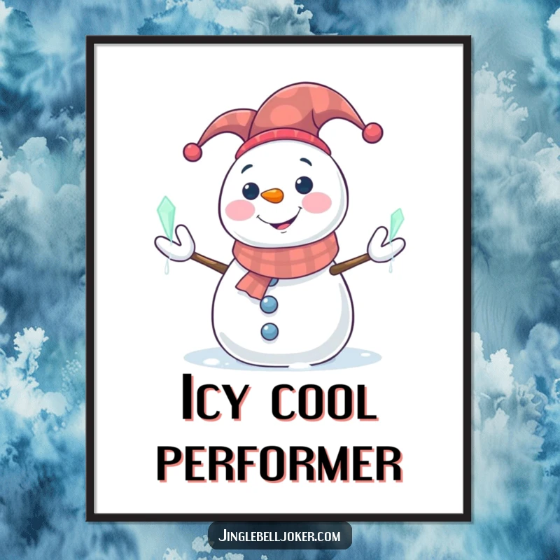 Funny Snowman Poster: Smiling snowman in a jester hat juggling glowing icicles, magical winter decor.