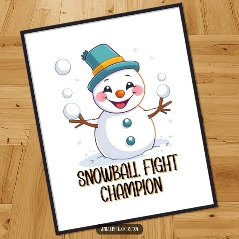 Funny snowman joker poster capturing a mischievous character gleefully flinging snowballs, adding a humorous touch to any wall.