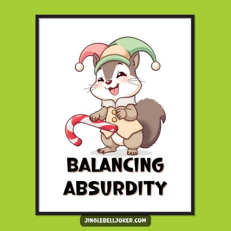 Funny Squirrel Jester Poster Whimsical Art Balance Candy Cane Decor Gift