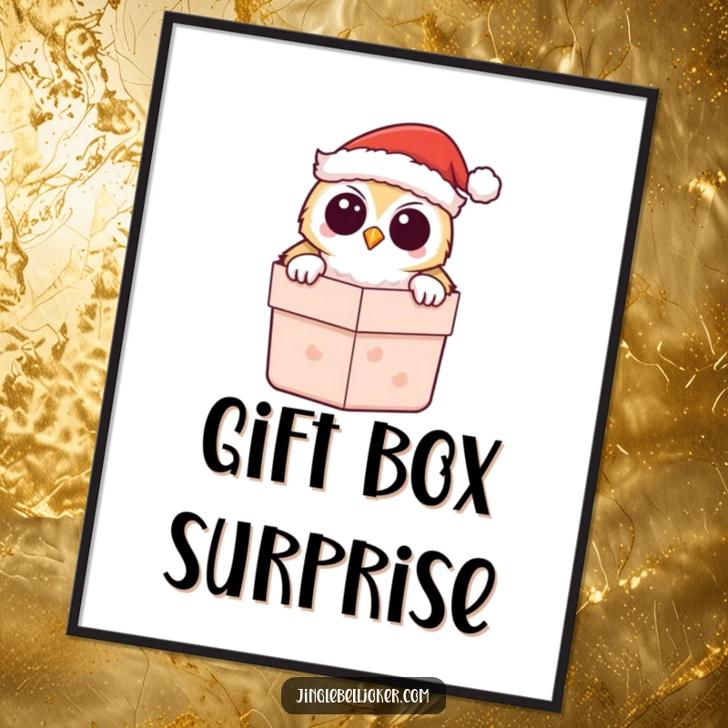 Funny Kawaii Owl Santa Poster, showcasing a cute owl peeking from a gift box, adding festive charm to walls.