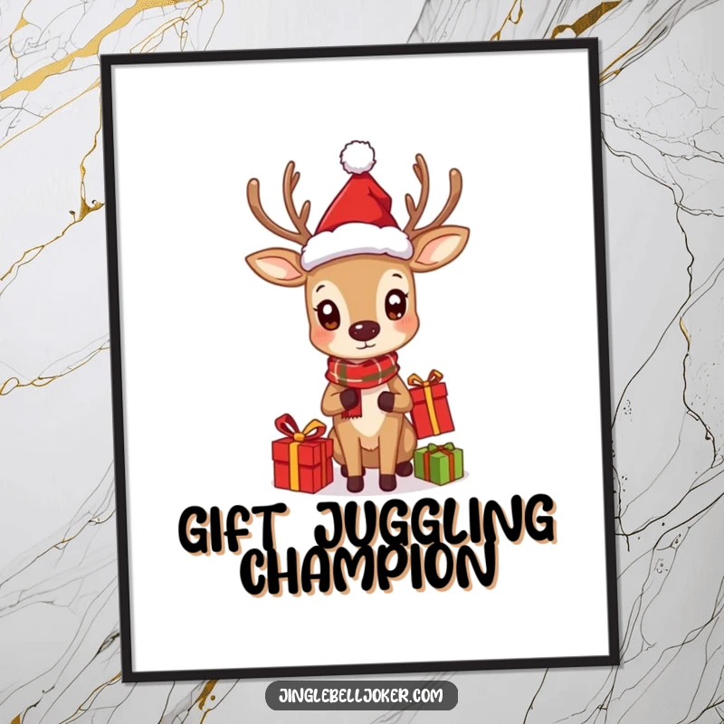 Funny poster art of a deer wearing a Santa hat curiously juggling gifts, embodying holiday cheer.