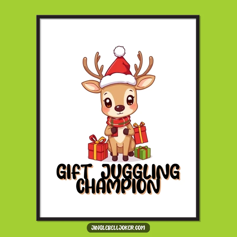 Funny Juggling Deer Poster: Curious Santa Character Art for Festive Walls