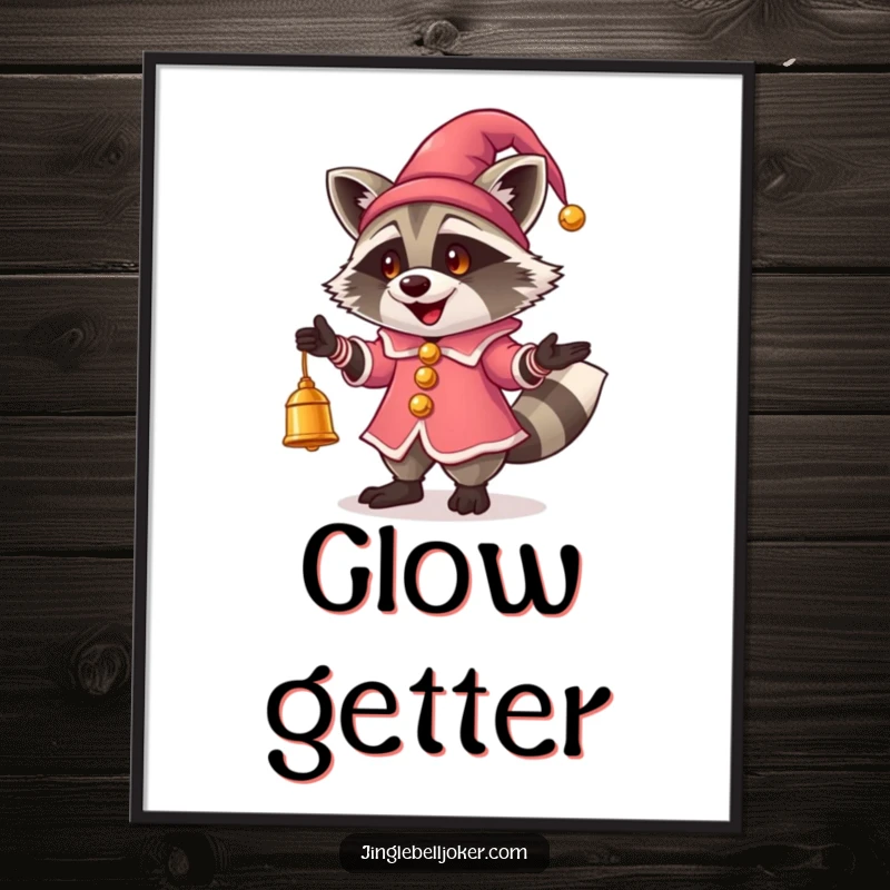 Funny Jester Raccoon Poster: A happy raccoon in jester attire juggling glowing bells, perfect for playful wall art.