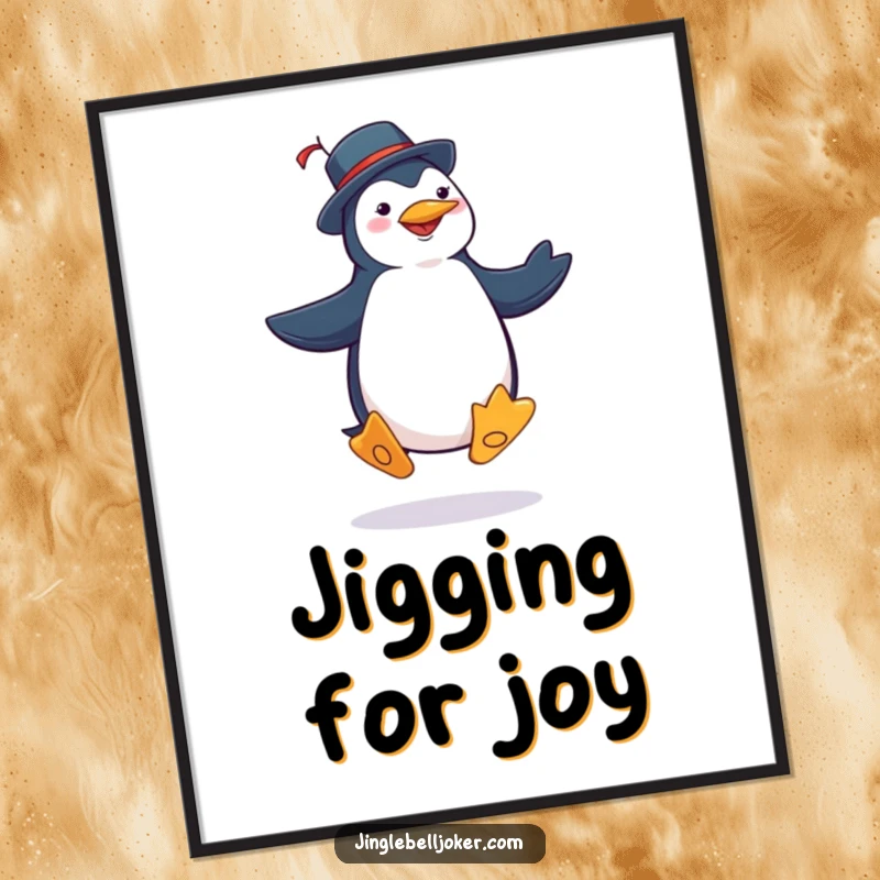Funny penguin joker poster illustrating a character in a jester costume doing a silly jig with highly exaggerated, comical steps.