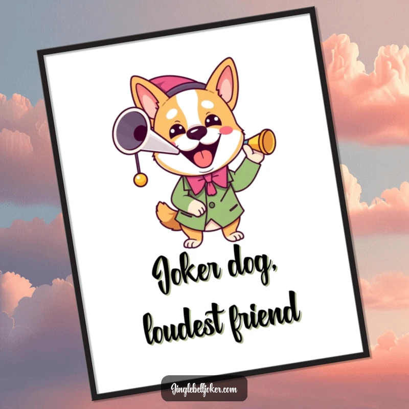 Funny Joker Dog Poster: A happy dog in a joker costume enthusiastically blows a horn, a funny and vibrant art piece.