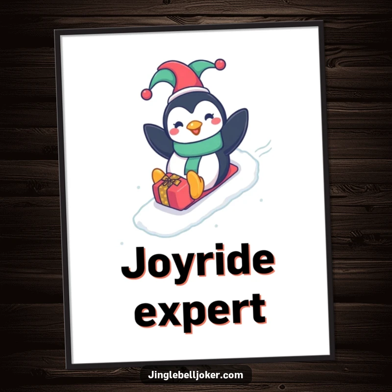 Funny Penguin Jester Poster, depicting a happy penguin in a jester hat joyfully sliding down a gift-wrapped slope, for humorous decor.
